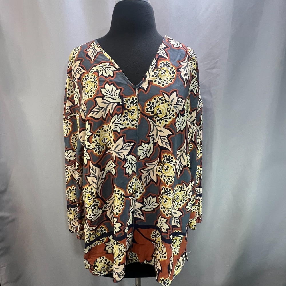Zara Floral Tunic Blouse Womens Large Multicolor Relaxed V Neck Weekend Wear